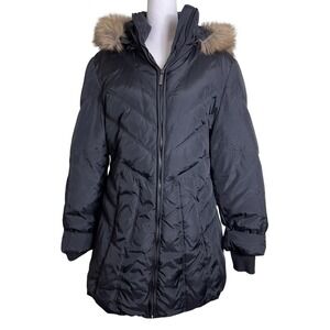 Anne Klein Black Down Puffer Coat Faux Fur Hood M‎